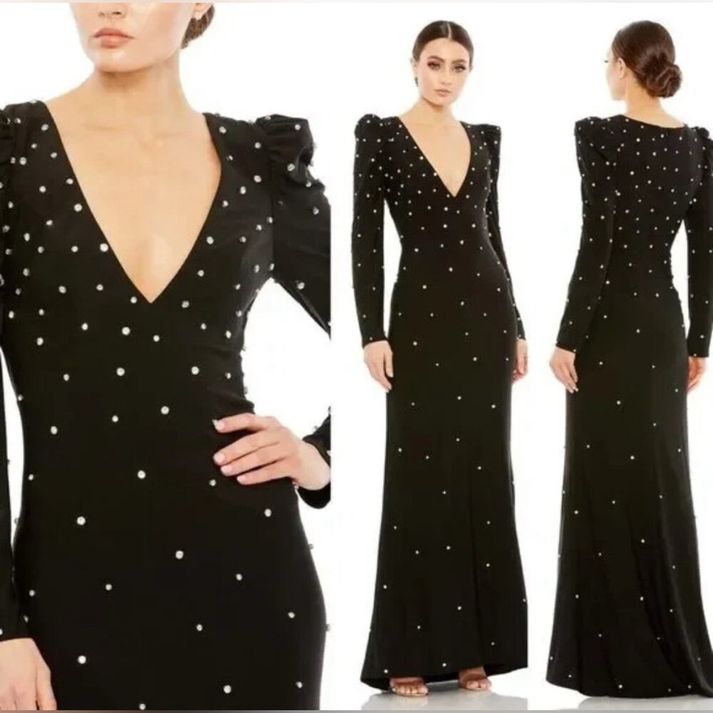 Mac Duggal 55797 Womens Rhinestone Encrusted Long Sleeve V-Neck Gown Maxi Dress